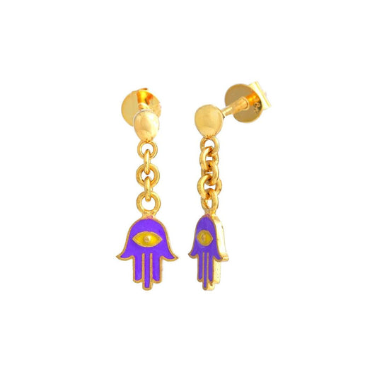 Purple Hamsa Drop Kids Gold Earrings - Arista Jewels