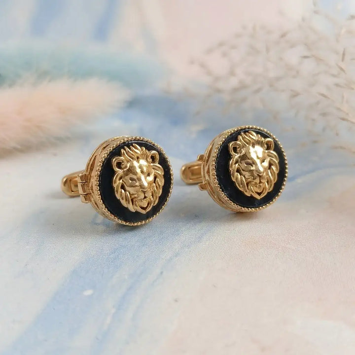 Silver Onyx Lion Face Kids Cufflink in Gold Plated Silver — Main Hero