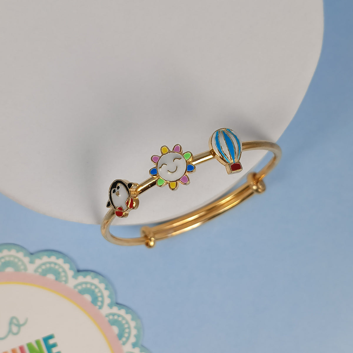 Sunshine Adventure Silver Kada – Penguin, Smiling Sun & Hot Air Balloon - Arista Jewels