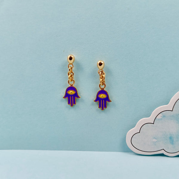 Purple Hamsa Drop Kids Gold Earrings - Arista Jewels