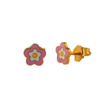 Pink and Yellow Flower Kids Gold Earrings - Arista Jewels