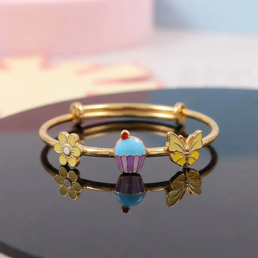 Silver Sweet Bloom Silver Kada – Flower, Cupcake & Butterfly – Reflective studio view