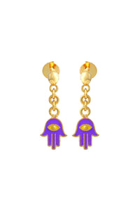 Purple Hamsa Drop Kids Gold Earrings