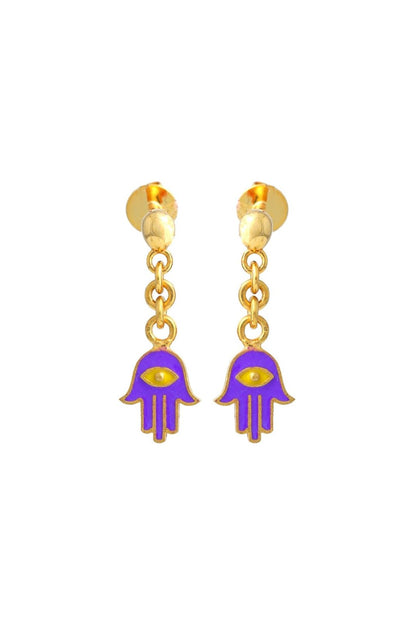 Purple Hamsa Drop Kids Gold Earrings - Arista Jewels