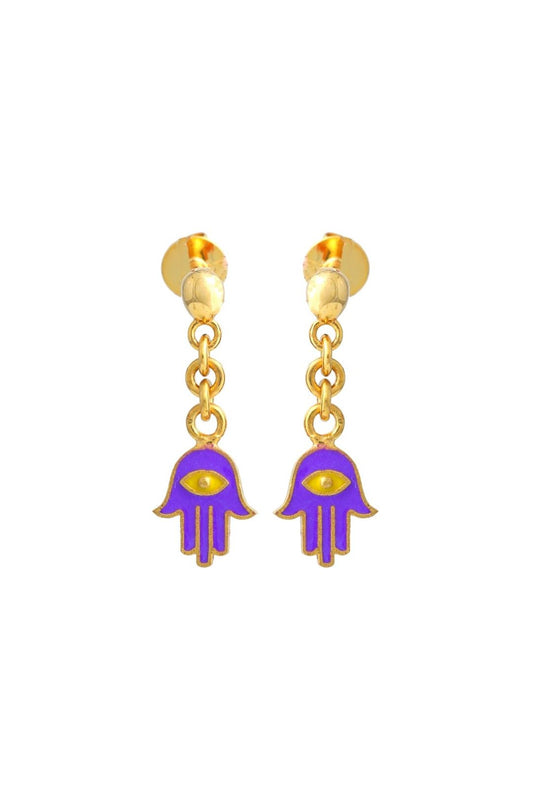 Purple Hamsa Drop Kids Gold Earrings - Arista Jewels