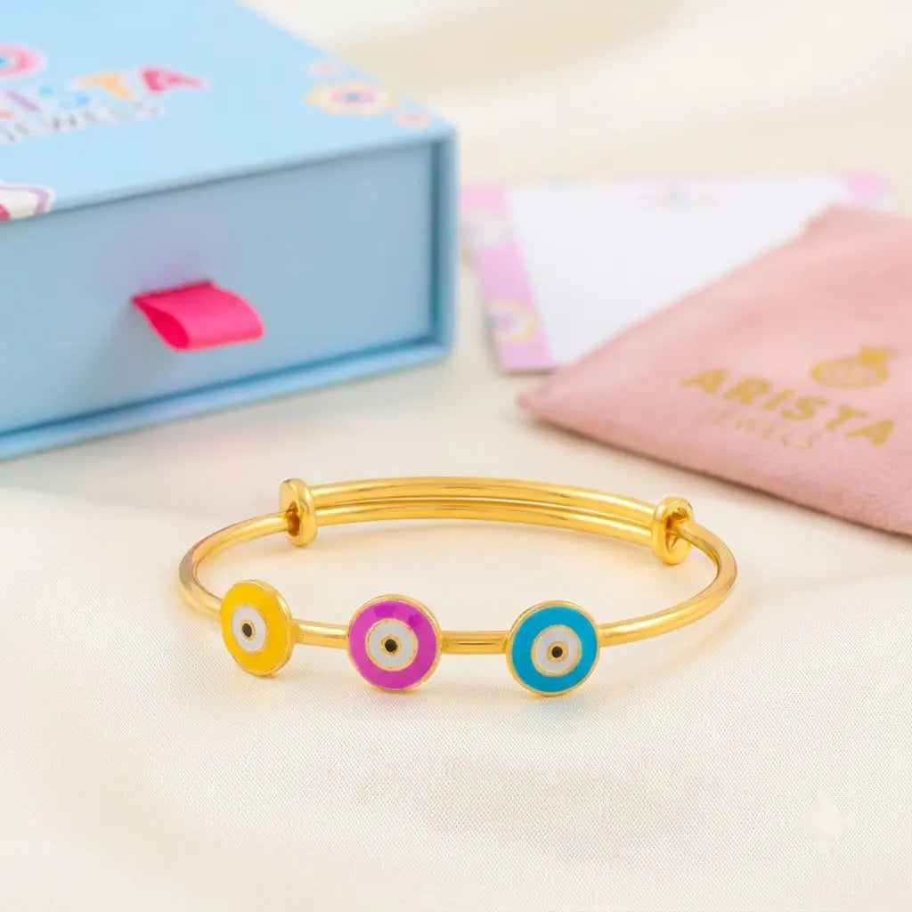 Silver Evil Eye Trio Kada – Yellow, Pink & Blue Charms – gallery image 7