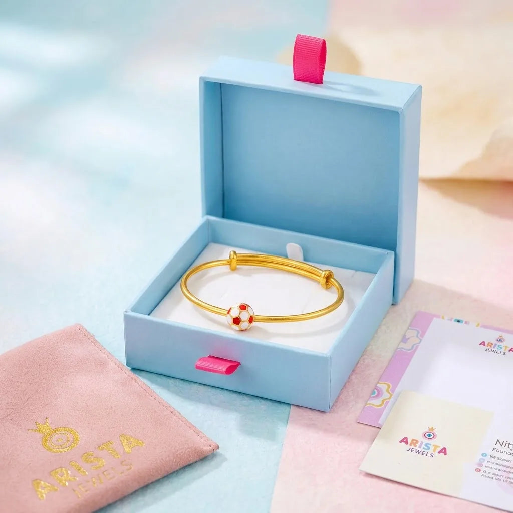 Silver Red Football Silver Kada – For Little Champions – Arista Jewels packaging