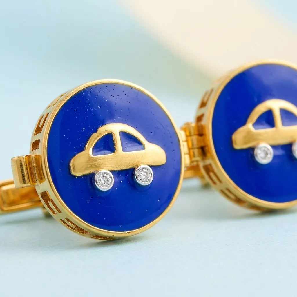 Silver Sterling Silver Cufflink Car Blue Enamel for Newborn to 15 Years | Hypoallergenic — Macro Detail