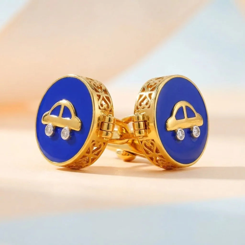 Silver Sterling Silver Cufflink Car Blue Enamel for Newborn to 15 Years | Hypoallergenic — Side Profile