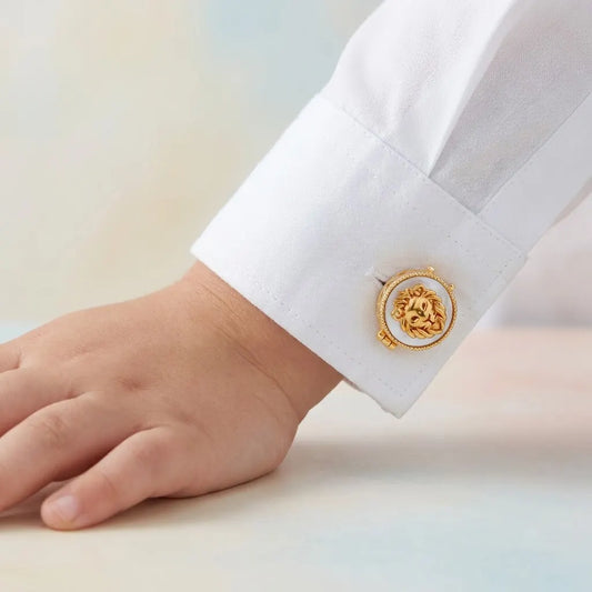 Silver MOP Lion Face Kids Cufflink in Gold Plated Silver – human scale