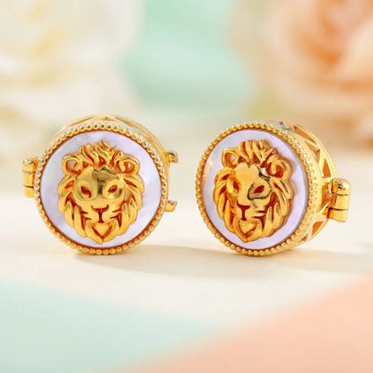 Silver MOP Lion Face Kids Cufflink in Gold Plated Silver – macro detail