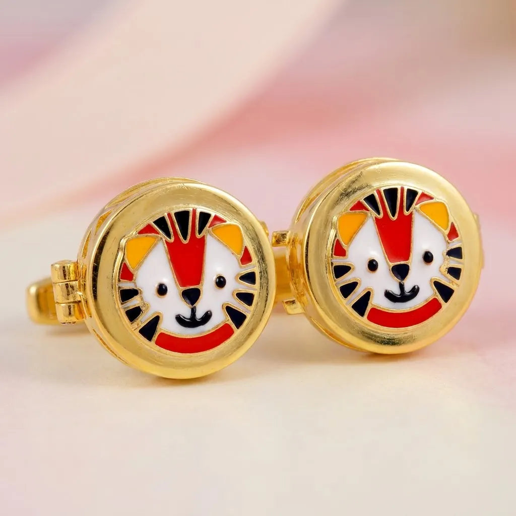 Silver Sterling Silver Cufflink Tiger Face for Newborn to 15 Years | Hypoallergenic — Macro Detail