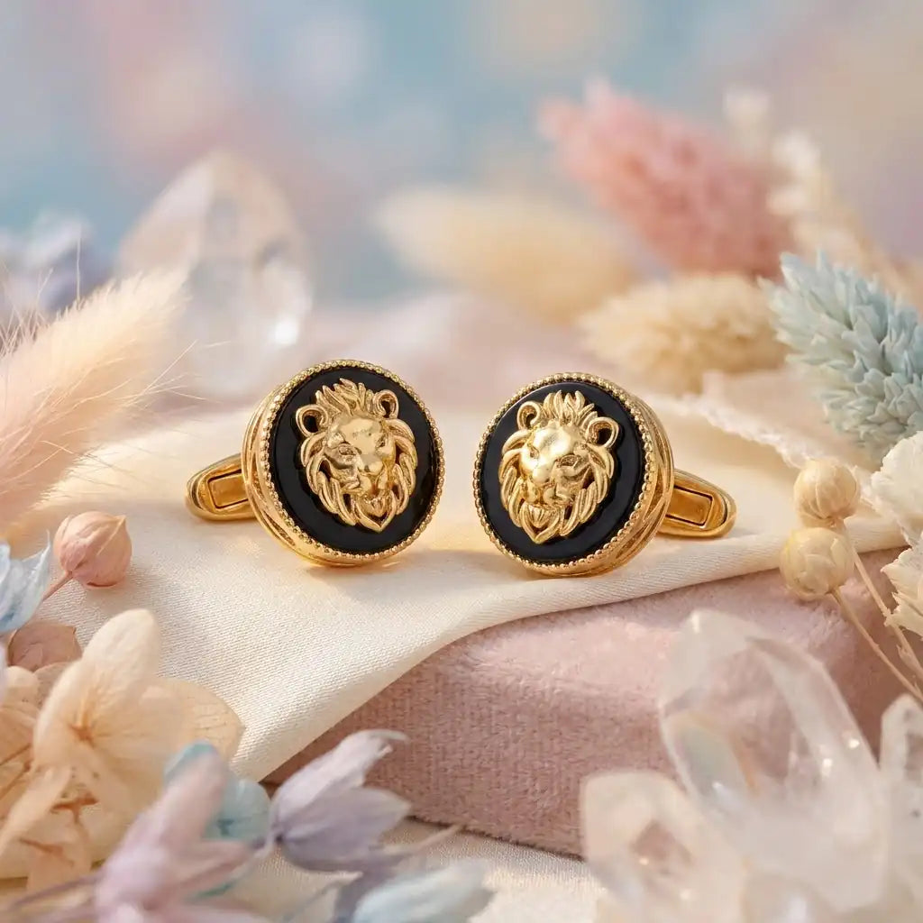 Silver Onyx Lion Face Kids Cufflink in Gold Plated Silver — Artistic Mood