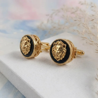 Silver Onyx Lion Face Kids Cufflink in Gold Plated Silver — Dynamic Form