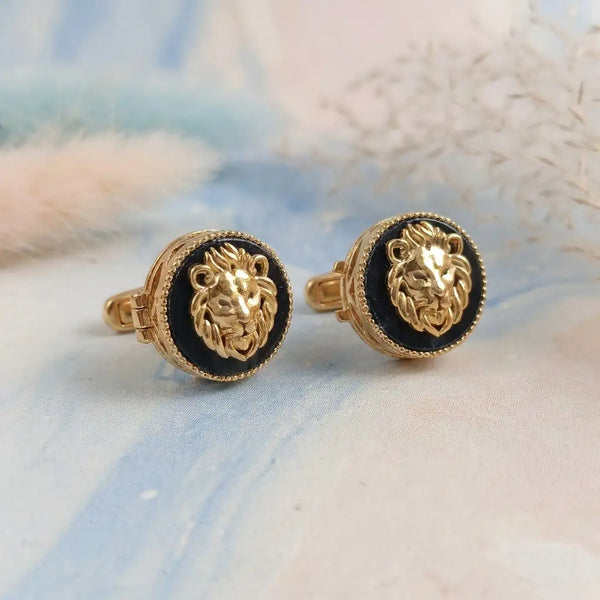 Silver Onyx Lion Face Kids Cufflink in Gold Plated Silver — Main Hero