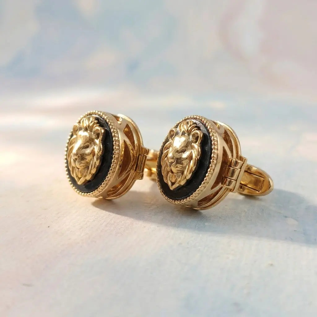 Silver Onyx Lion Face Kids Cufflink in Gold Plated Silver — Side Profile