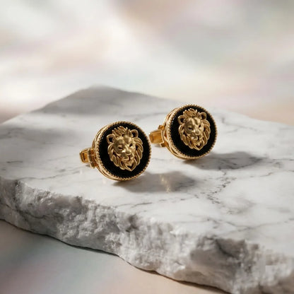 Silver Onyx Lion Face Kids Cufflink in Gold Plated Silver — Thematic Still Life