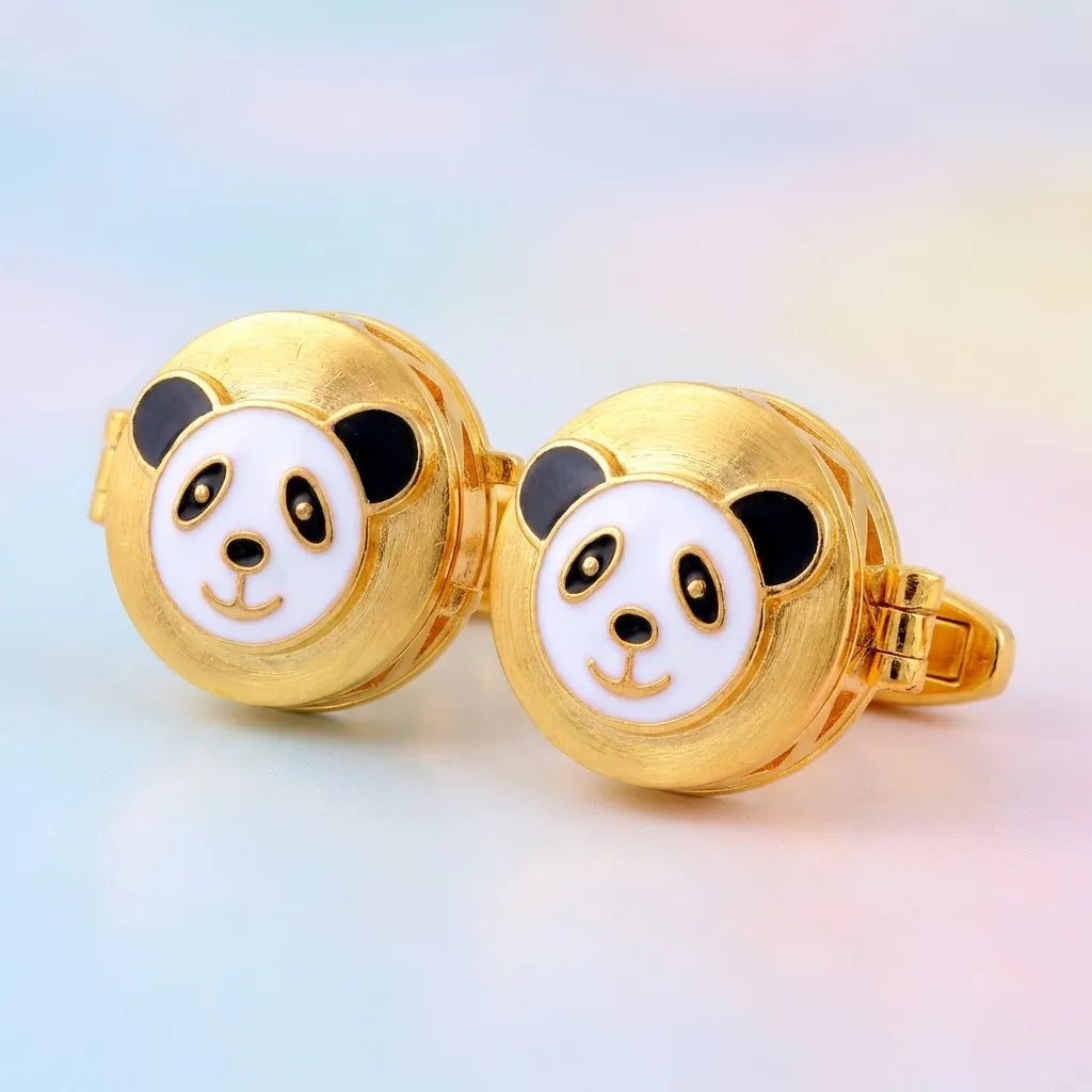 Silver Panda Face Kids Cufflink in Gold Plated Silver — Macro Detail