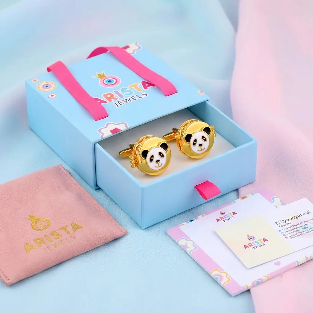 Silver Panda Face Kids Cufflink in Gold Plated Silver — Packaging