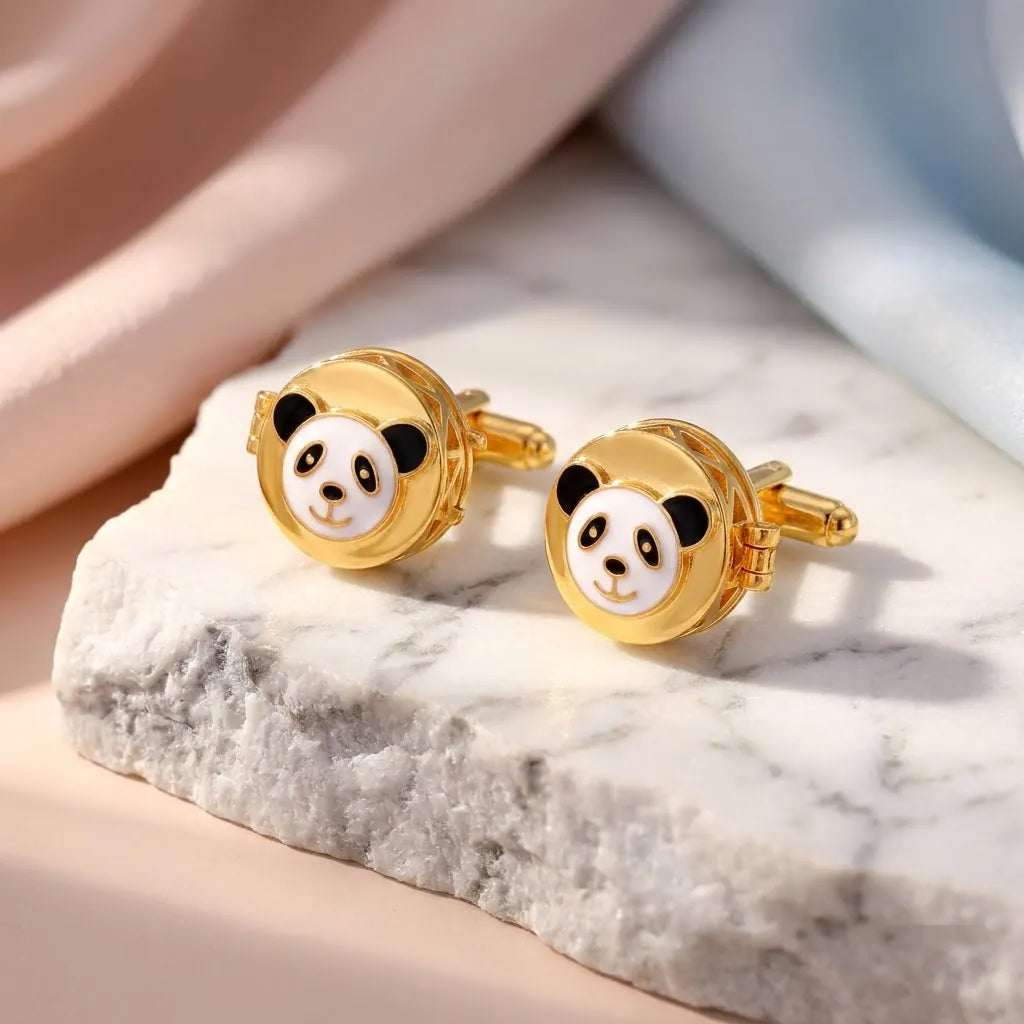 Silver Panda Face Kids Cufflink in Gold Plated Silver — Thematic Still Life