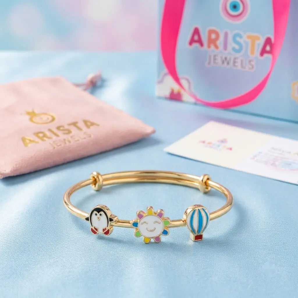 Silver Sunshine Adventure Silver Kada – Penguin, Smiling Sun & Hot Air Balloon – Artistic styled product image