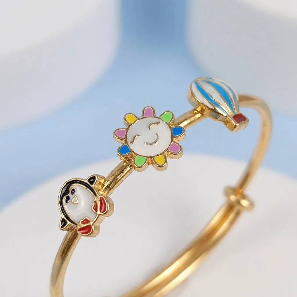 Silver Sunshine Adventure Silver Kada – Penguin, Smiling Sun & Hot Air Balloon – Close-up product detail