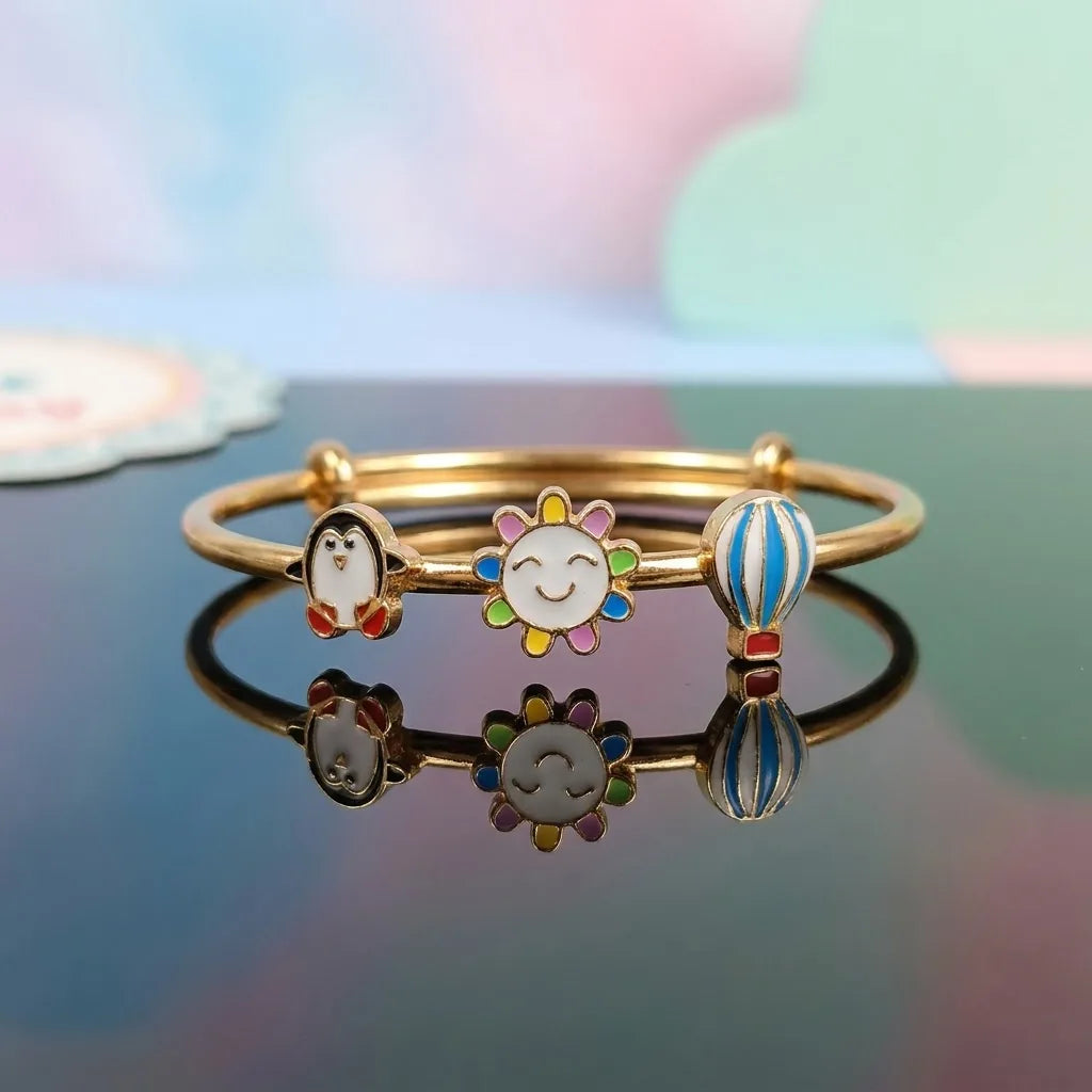 Silver Sunshine Adventure Silver Kada – Penguin, Smiling Sun & Hot Air Balloon – Reflective studio view