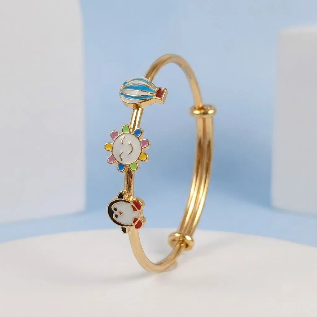 Silver Sunshine Adventure Silver Kada – Penguin, Smiling Sun & Hot Air Balloon – Side silhouette
