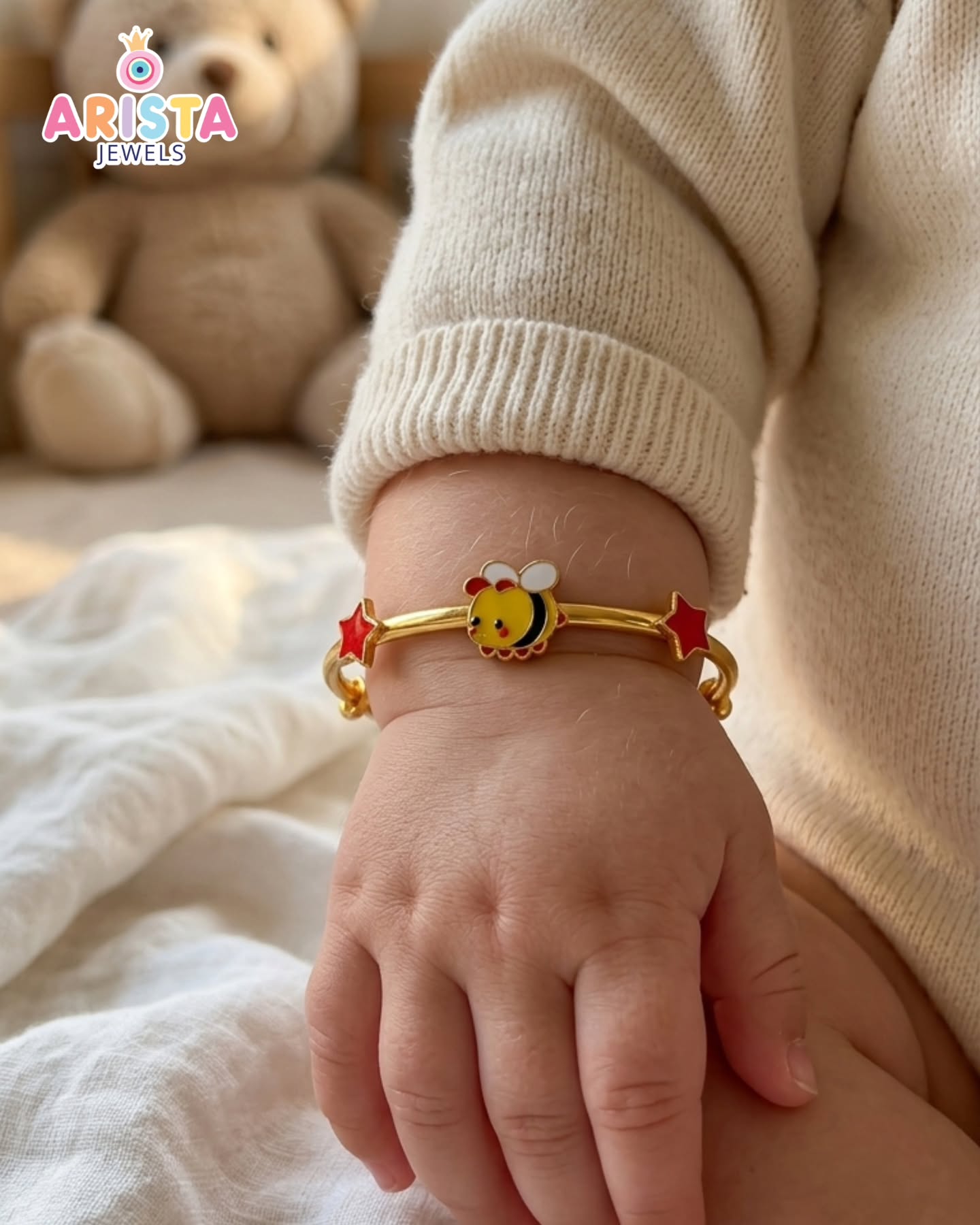 A child wearing an Arista kada to show its position and scale on the wrist